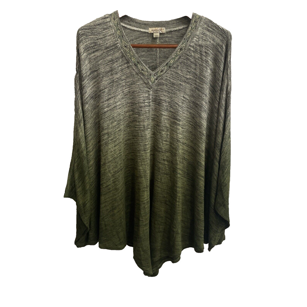 One World Top L/XL Gray Green Hombre Sweater Poncho Plus‎ Size Comfy
